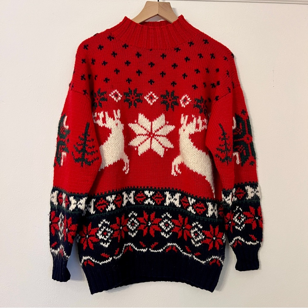 Vintage Michelle Stuart Hand Knit Christmas Reindeer Sweater Mohair Wool Large